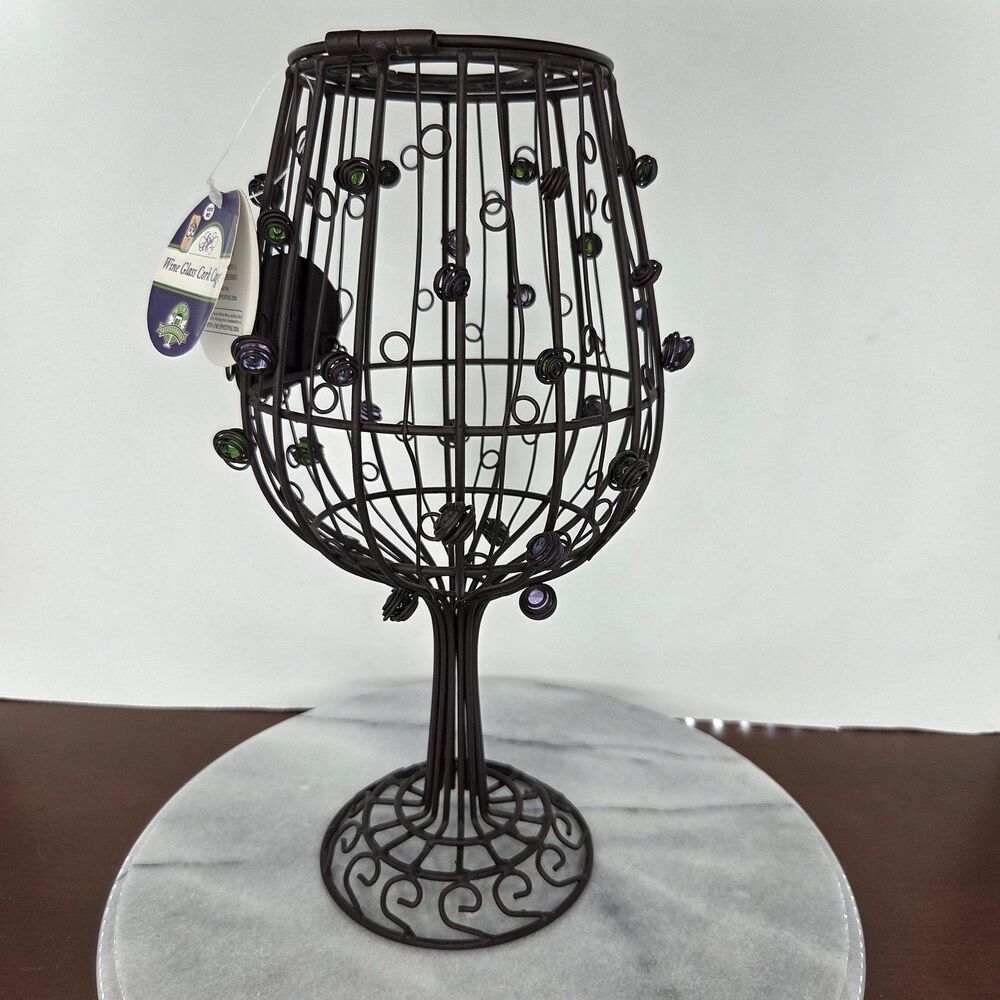 Wine Cork Cage Holder Glass Shape Metal Decor Bead Grape Accents Storage Contain - Picture 8 of 10